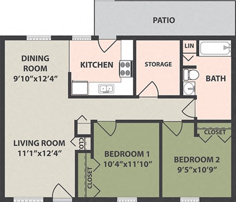 Floor plan for 2 beds, 1 bath