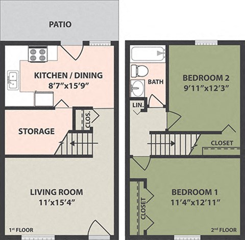 Floor plan for 2 beds, 1 bath