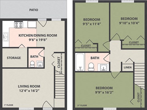 Floor plan for 3 beds, 1 bath