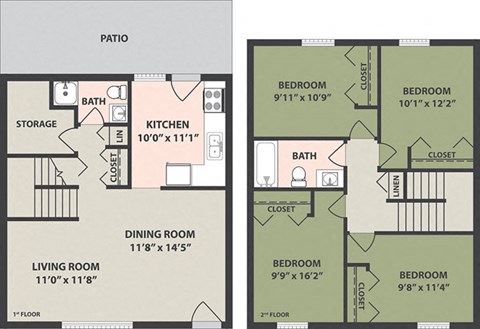 Floor plan for 4 beds, 1 bath