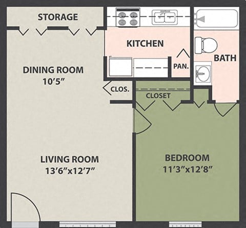Floor plan for 1 bed, 1 bath