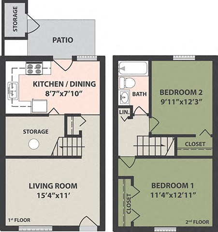 Floor plan for 2 beds, 1 bath