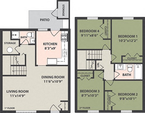 Floor plan for 4 beds, 2 baths