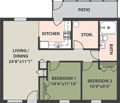 Floor plan for 2 beds, 1 bath