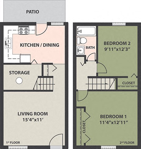 Floor plan for 2 beds, 1 bath