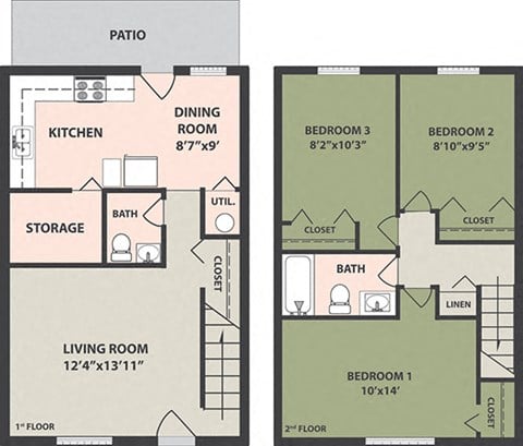 Floor plan for 3 beds, 1.5 baths