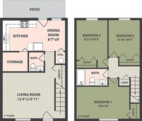 Floor plan for 3 beds, 1.5 baths