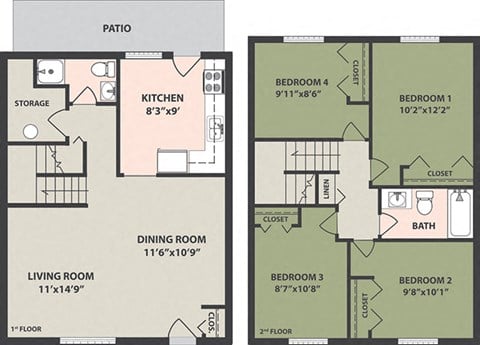 Floor plan for 4 beds, 2 baths