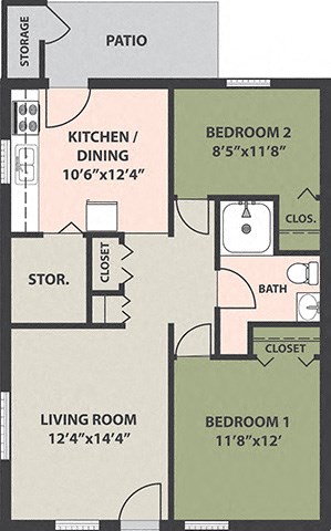 Floor plan for 2 beds, 1 bath