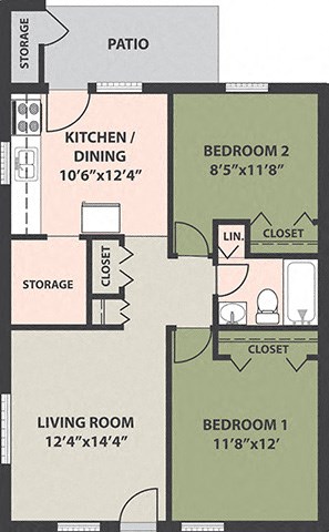 Floor plan for 2 beds, 1 bath