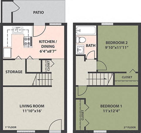 Floor plan for 2 beds, 1 bath