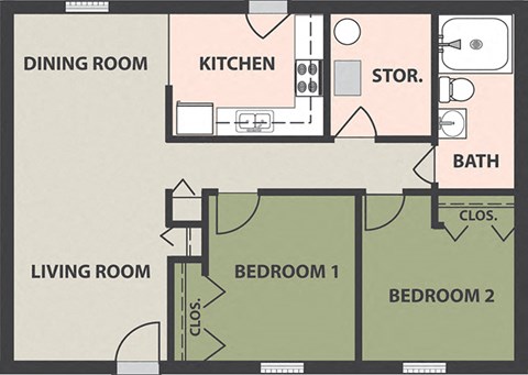 Floor plan for 2 beds, 1 bath