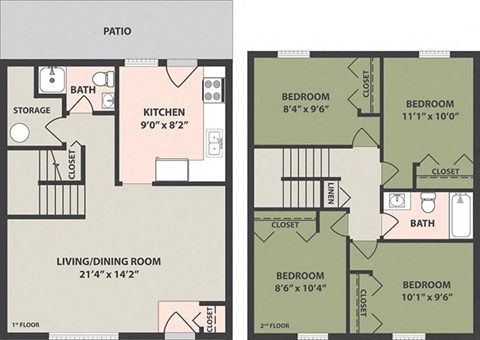 Floor plan for 4 beds, 2 baths