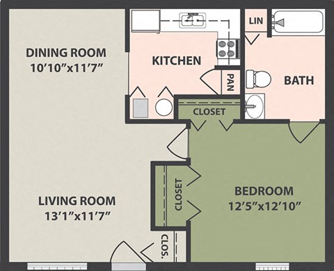 Floor plan for 1 bed, 1 bath, 720 sqft