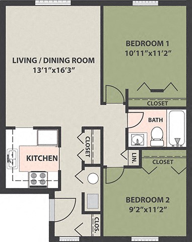 Floor plan for 2 beds, 1 bath, 762 sqft
