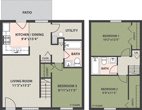 Floor plan for 3 beds, 2 baths