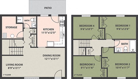 Floor plan for 4 beds, 2 baths, 1388 sqft