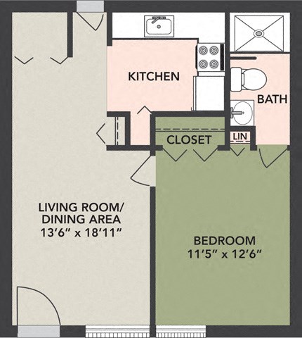 Floor plan for 1 bed, 1 bath