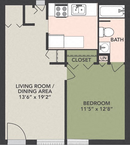 Floor plan for 1 bed, 1 bath
