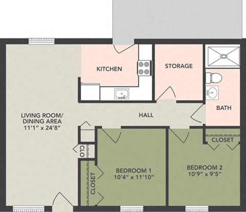 Floor plan for 2 beds, 1 bath
