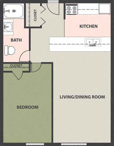 Floor plan for 1 bed, 1 bath, 470 sqft