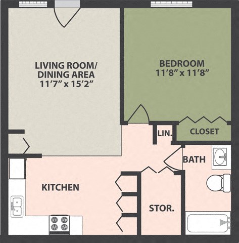 Floor plan for 1 bed, 1 bath
