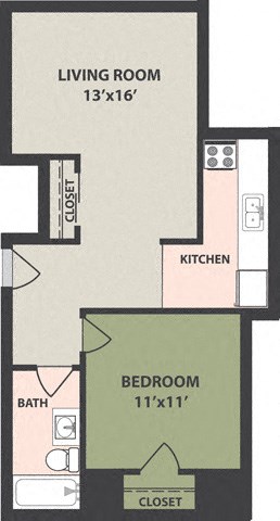 Floor plan for 1 bed, 1 bath