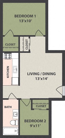 Floor plan for 2 beds, 1 bath