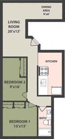 Floor plan for 2 beds, 1 bath