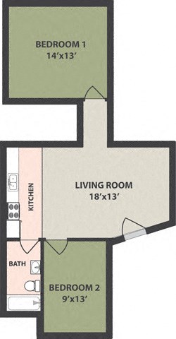 Floor plan for 2 beds, 1 bath