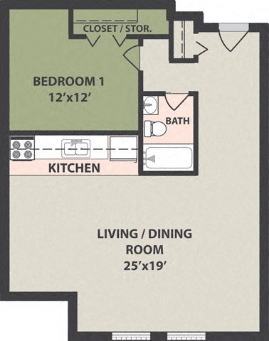 Floor plan for 1 bed, 1 bath