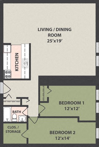 Floor plan for 3 beds, 1 bath
