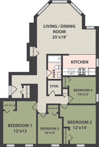 Floor plan for 4 beds, 1 bath