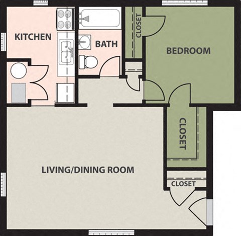 Floor plan for 1 bed, 1 bath
