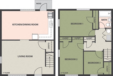 Floor plan for 3 beds, 2 baths