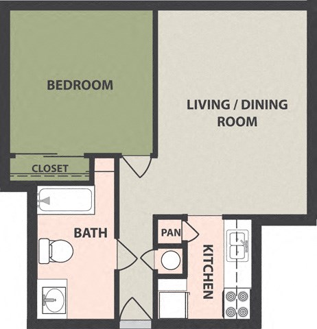 Floor plan for 1 bed, 1 bath