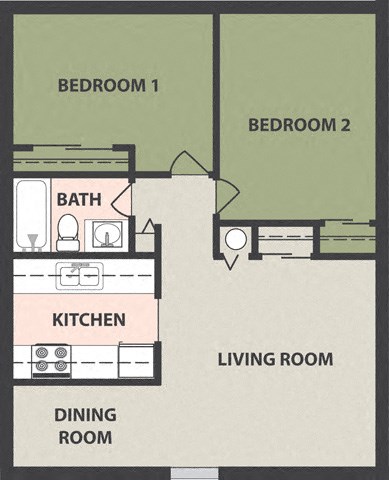 Floor plan for 2 beds, 1 bath