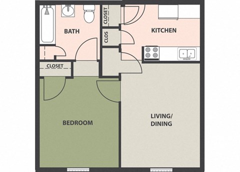 Floor plan for 1 bed, 1 bath, 525 sqft
