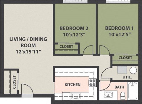Floor plan for 2 beds, 1 bath