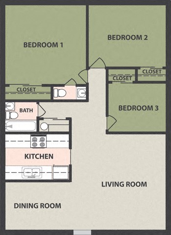 Floor plan for 3 beds, 1.5 baths