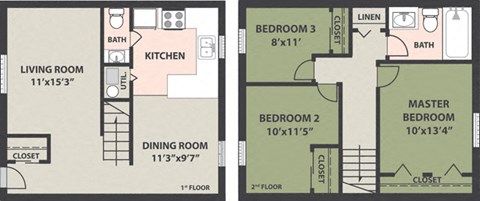 Floor plan for 3 beds, 1.5 baths