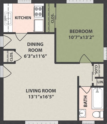 Floor plan for 1 bed, 1 bath