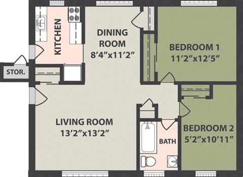 Floor plan for 2 beds, 1 bath