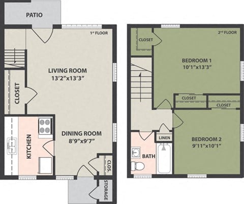 Floor plan for 2 beds, 1 bath