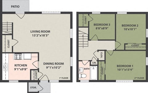 Floor plan for 3 beds, 1 bath