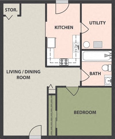 Floor plan for 1 bed, 1 bath, 571 sqft