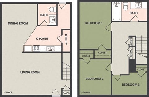 Floor plan for 3 beds, 1.5 baths, 805 sqft