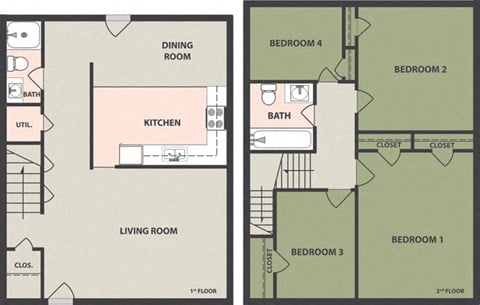 Floor plan for 4 beds, 2 baths, 952 sqft