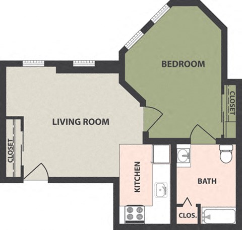 Floor plan for 1 bed, 1 bath