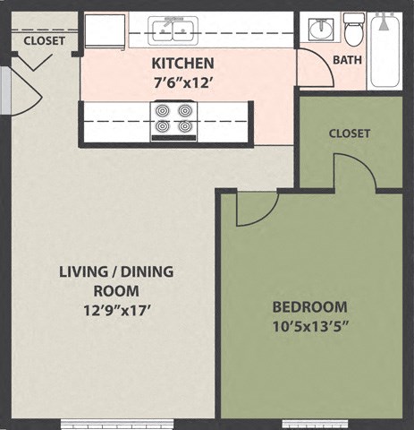 Floor plan for 1 bed, 1 bath